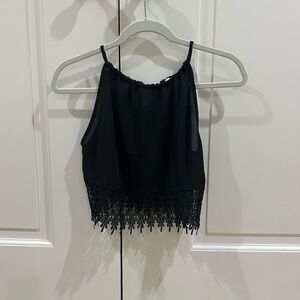 Elegant Sheer Black Lace Trim Crop Top